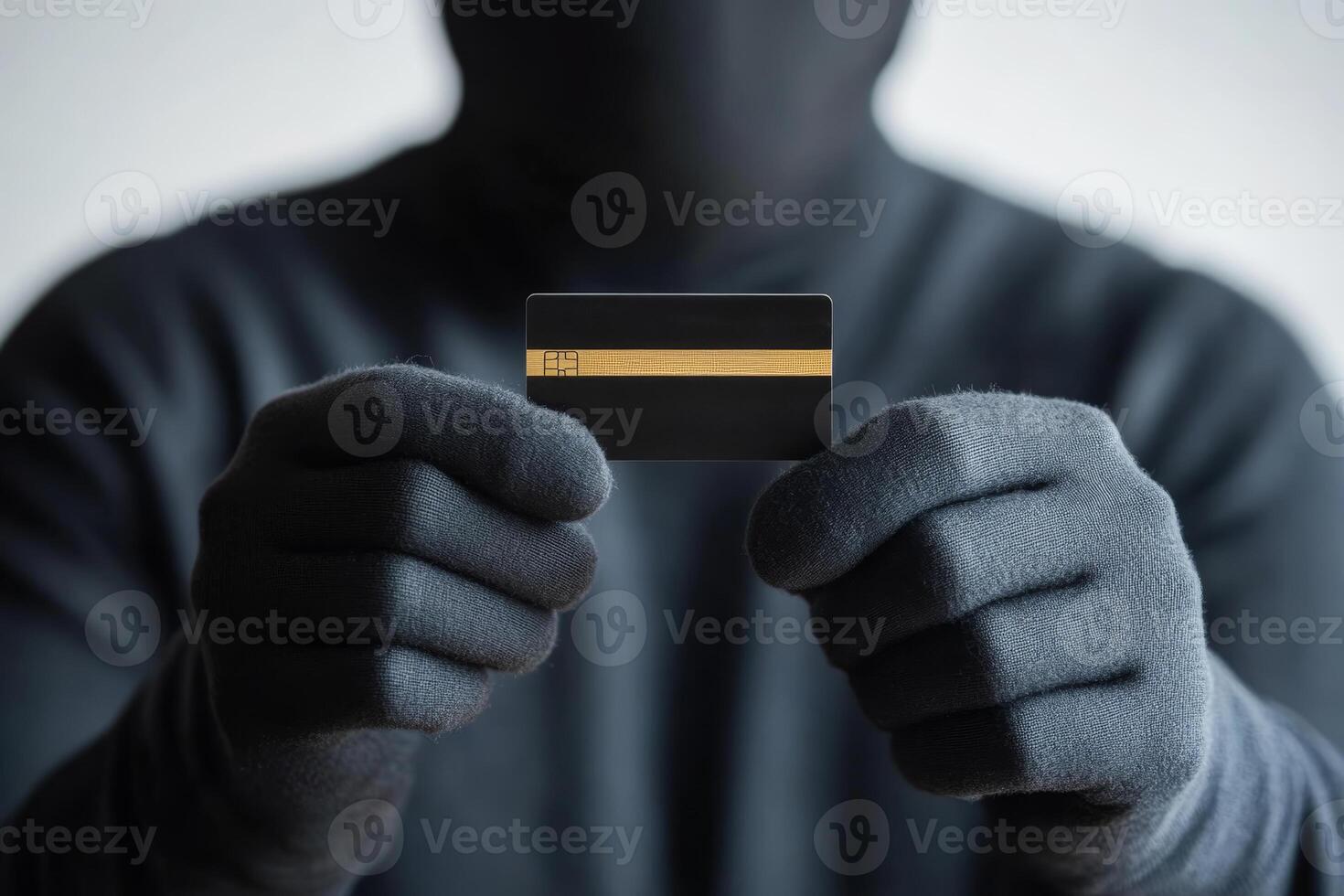 Man in black gloves holding a black card against a light background suggesting identity theft or fraud activities photo