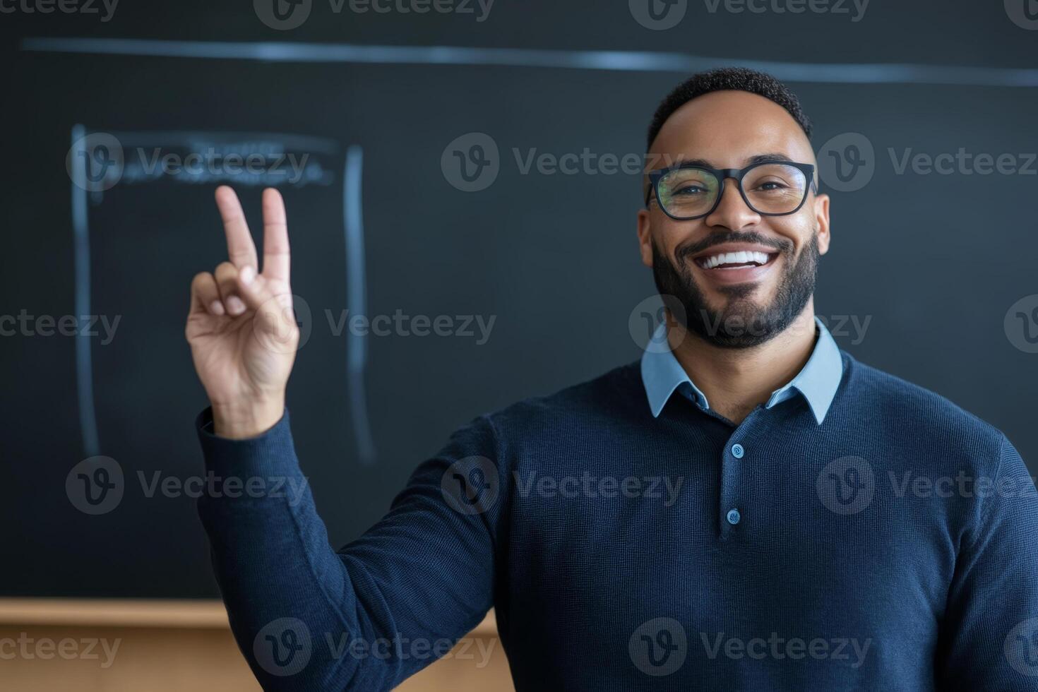 Smiling teacher gestures peace sign in classroom with chalkboard during lesson photo