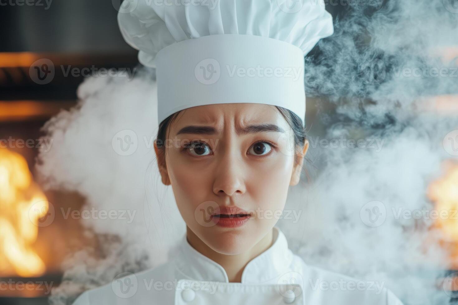 Chef expressing concern in a busy kitchen filled with smoke during a fast-paced cooking session photo
