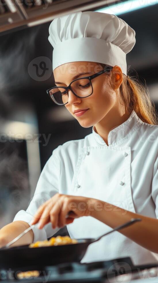 Chef preparing a gourmet dish in a modern kitchen while concentrating on her culinary skills photo
