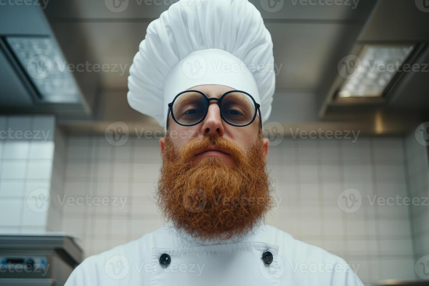 Chef with a full beard and glasses stands confidently in a modern kitchen preparing for a culinary creation photo