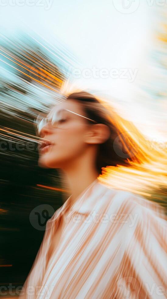 Woman in oversized glasses captured in motion during sunset at a park with blurred background showing warm colors photo