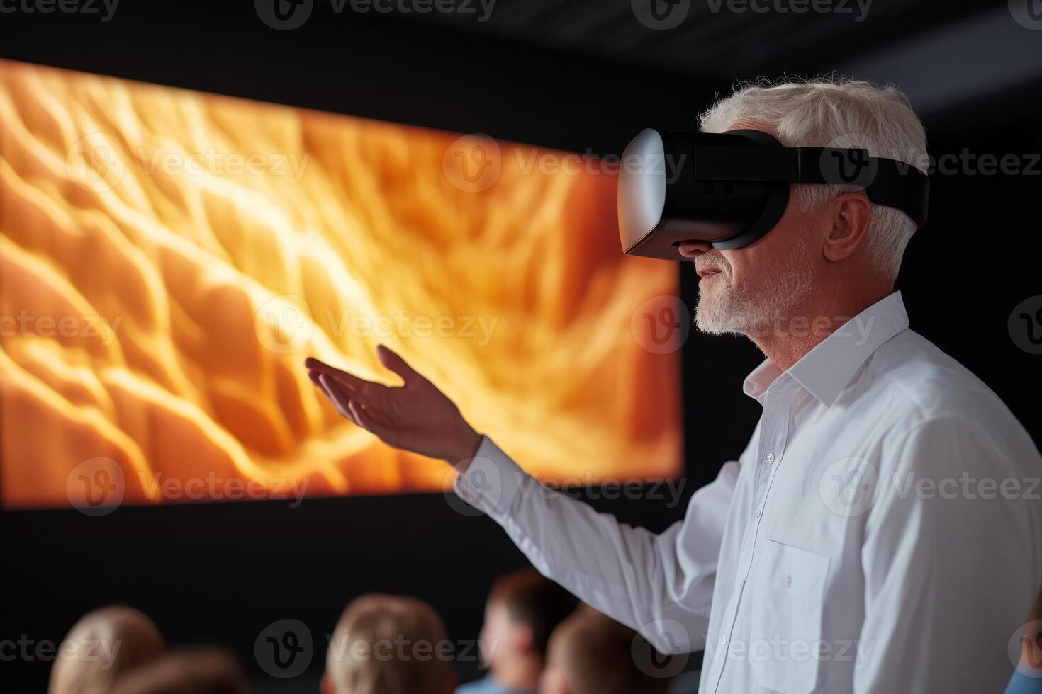 Elderly man experiences virtual reality technology in an immersive environment during a demonstration event photo