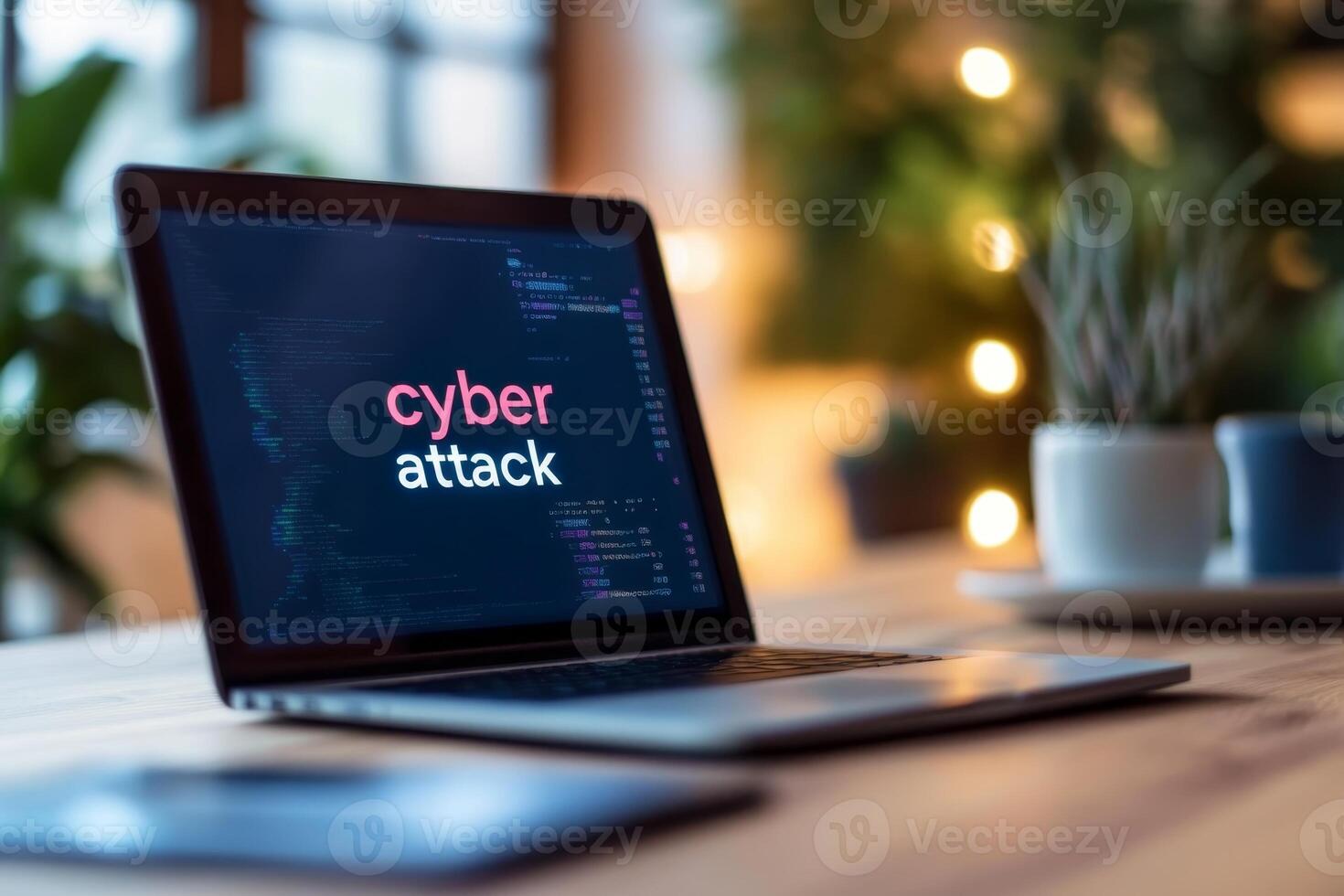 Computer displaying warning about cyber attack during a work session in a cozy office space photo