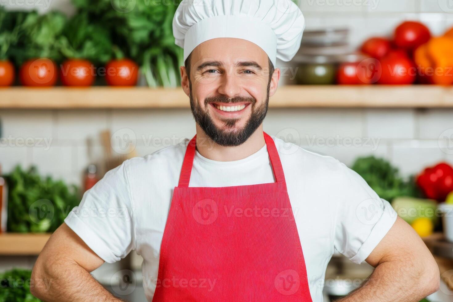 Chef in a kitchen smiles while wearing an apron and hat with fresh vegetables in the background during daytime cooking preparation photo