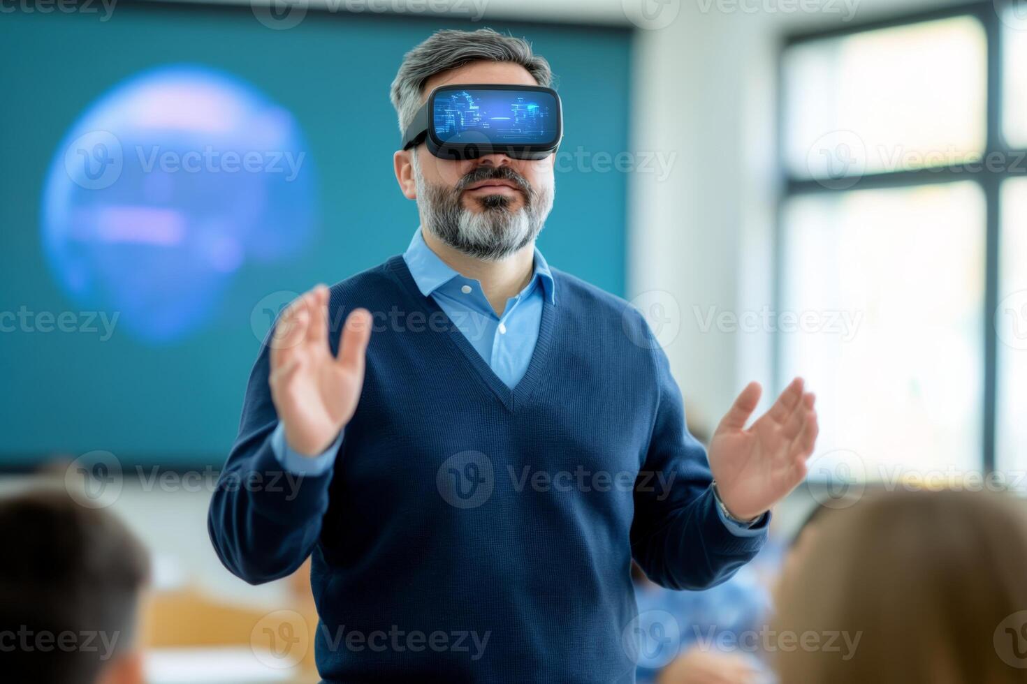 Educator uses virtual reality headset to engage students during interactive lesson in classroom photo