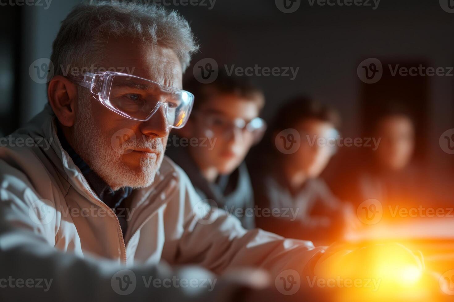 Elderly teacher demonstrates experiment to engaged students in a classroom during evening hours photo