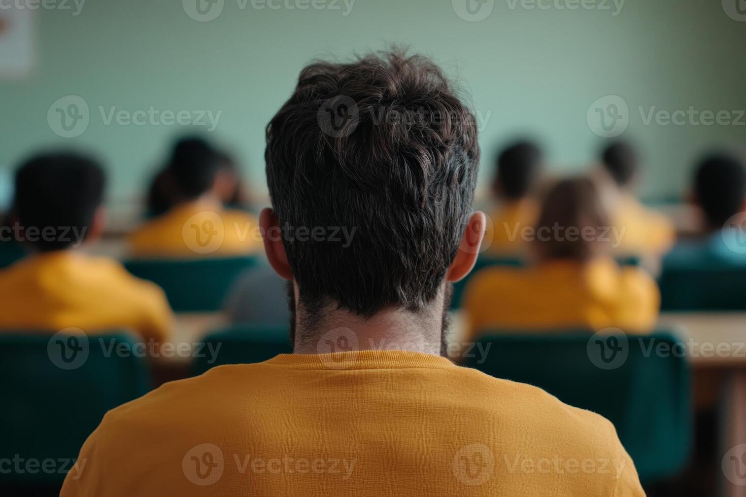 Students in yellow shirts focus during a class in a classroom setting with green walls and wooden desks in the morning photo