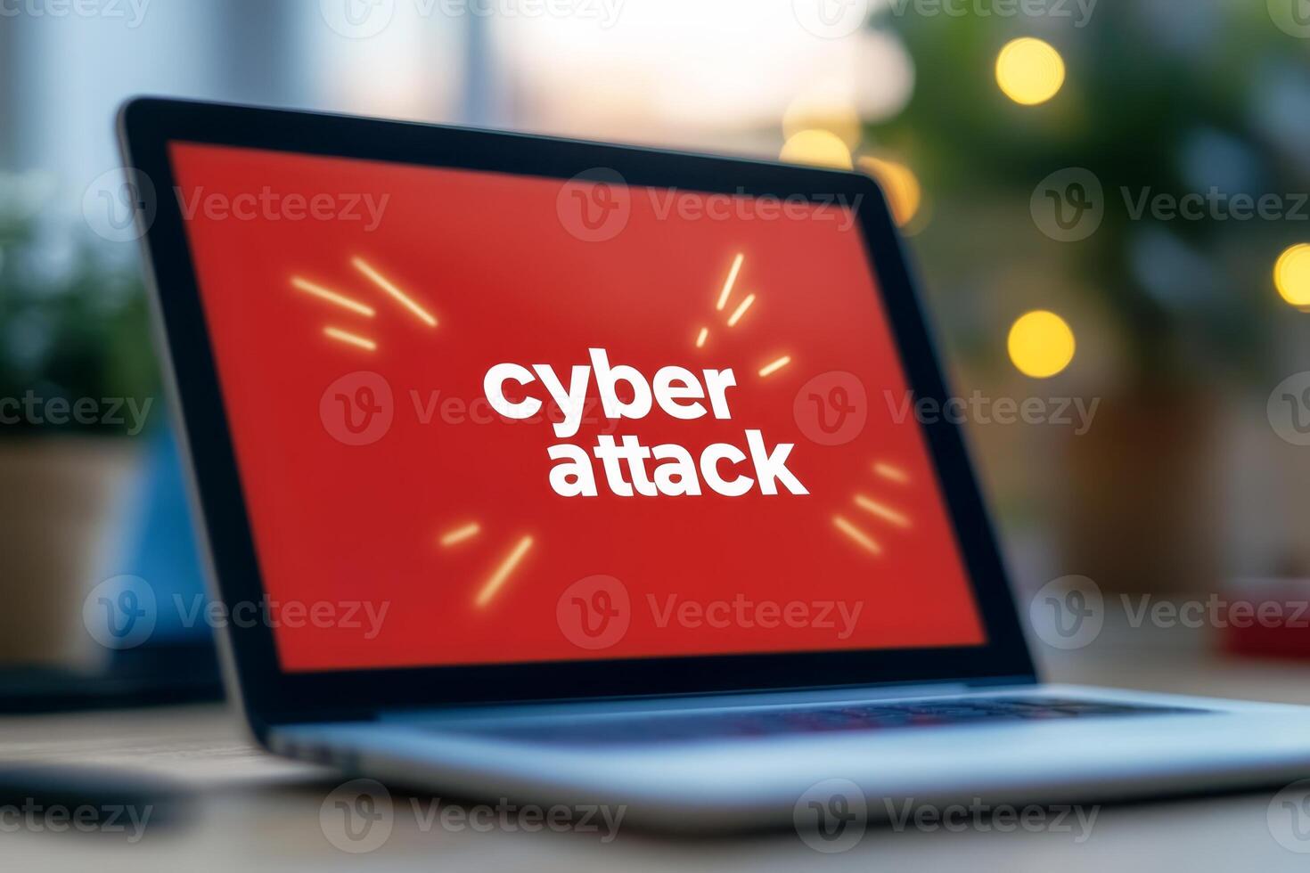 Alert notification displays cyber attack warning on laptop screen in modern workspace photo