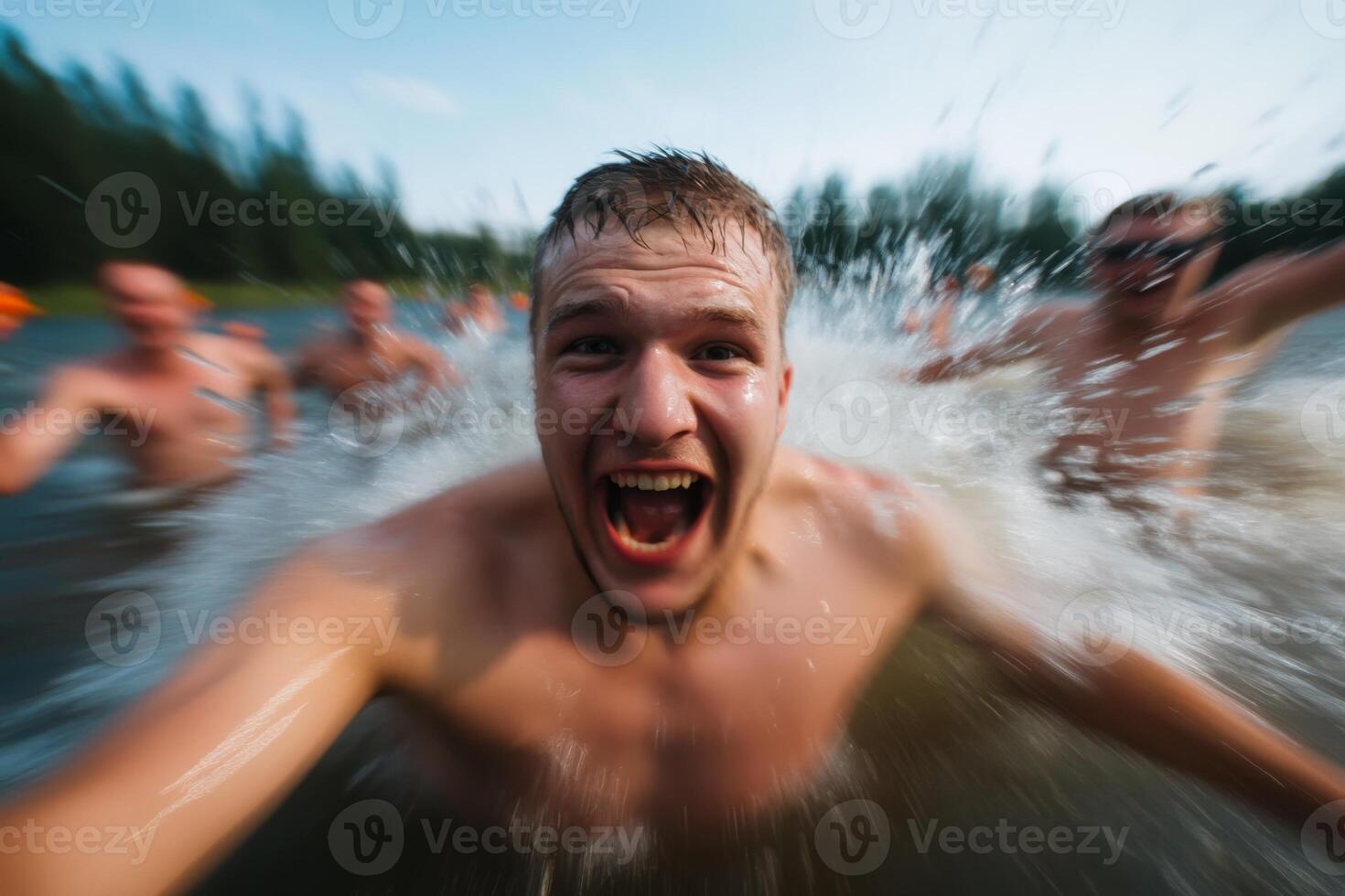 Excitement surges as friends enjoy a joyful swim in the lake during a sunny summer afternoon by the forest photo