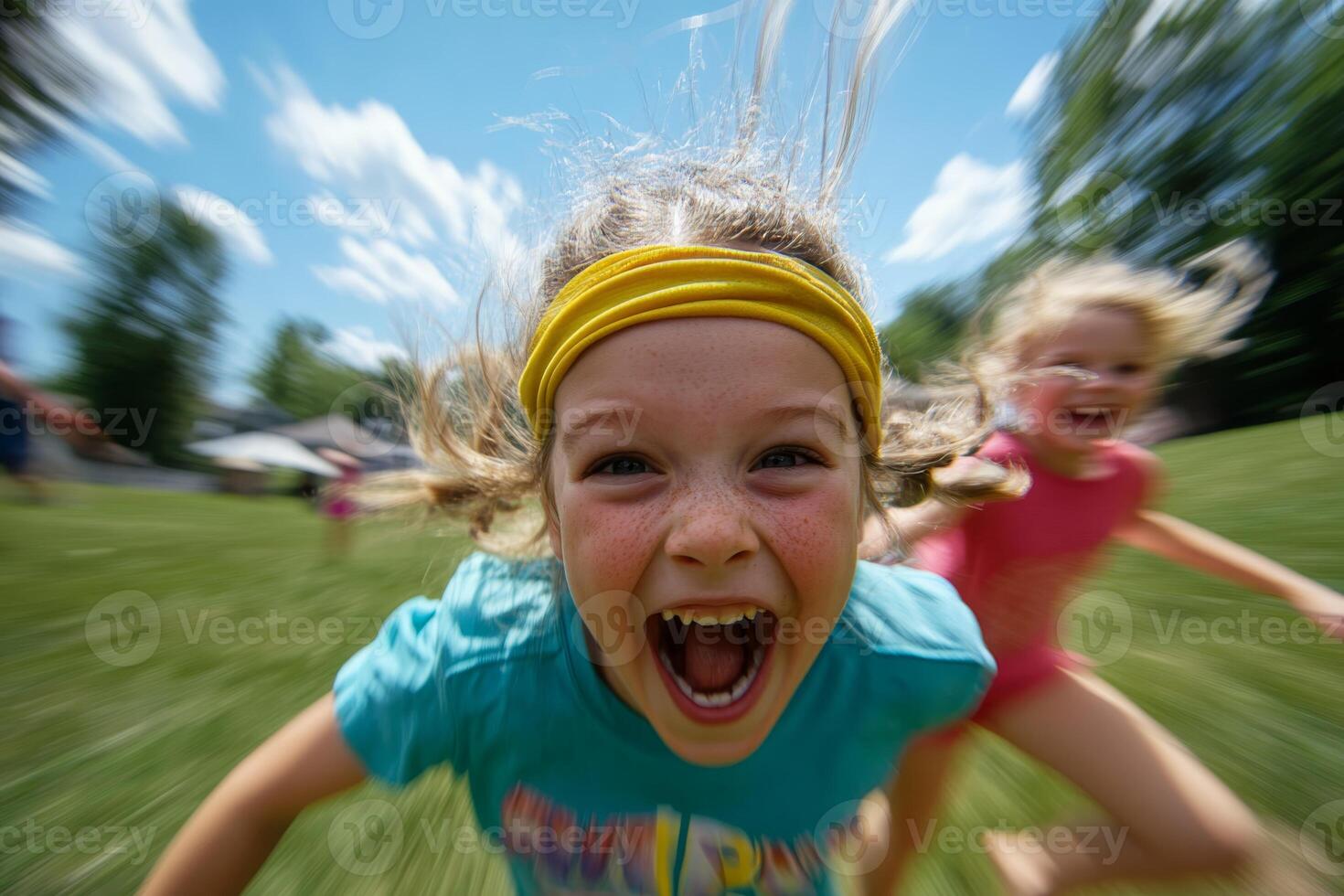 Children joyfully playing outdoors in summer sunshine while running and laughing in a vibrant park setting photo