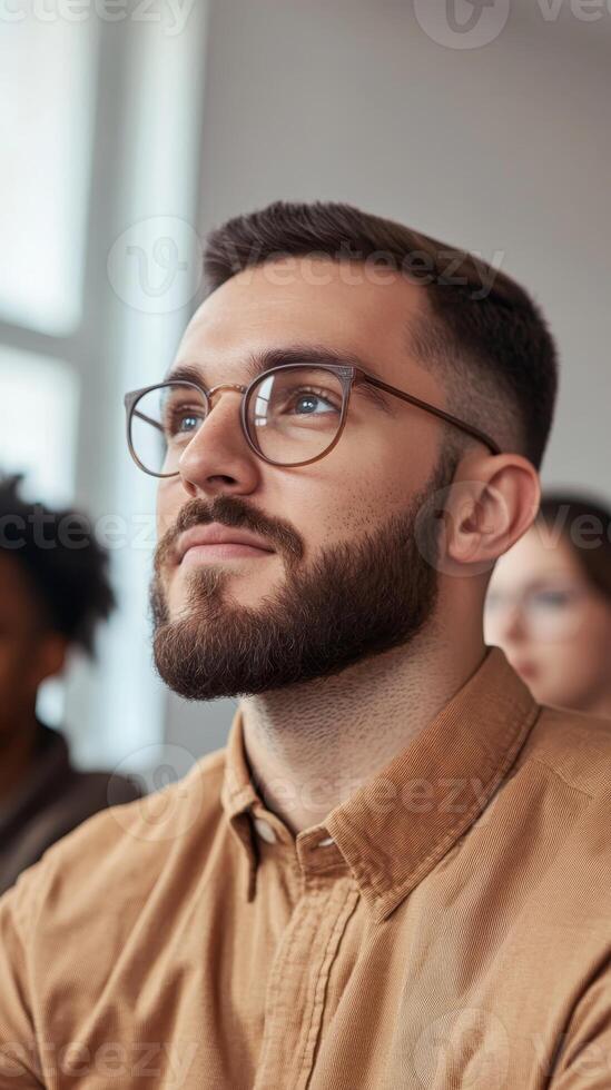 Engaged student listening intently during a lecture in a modern classroom setting photo