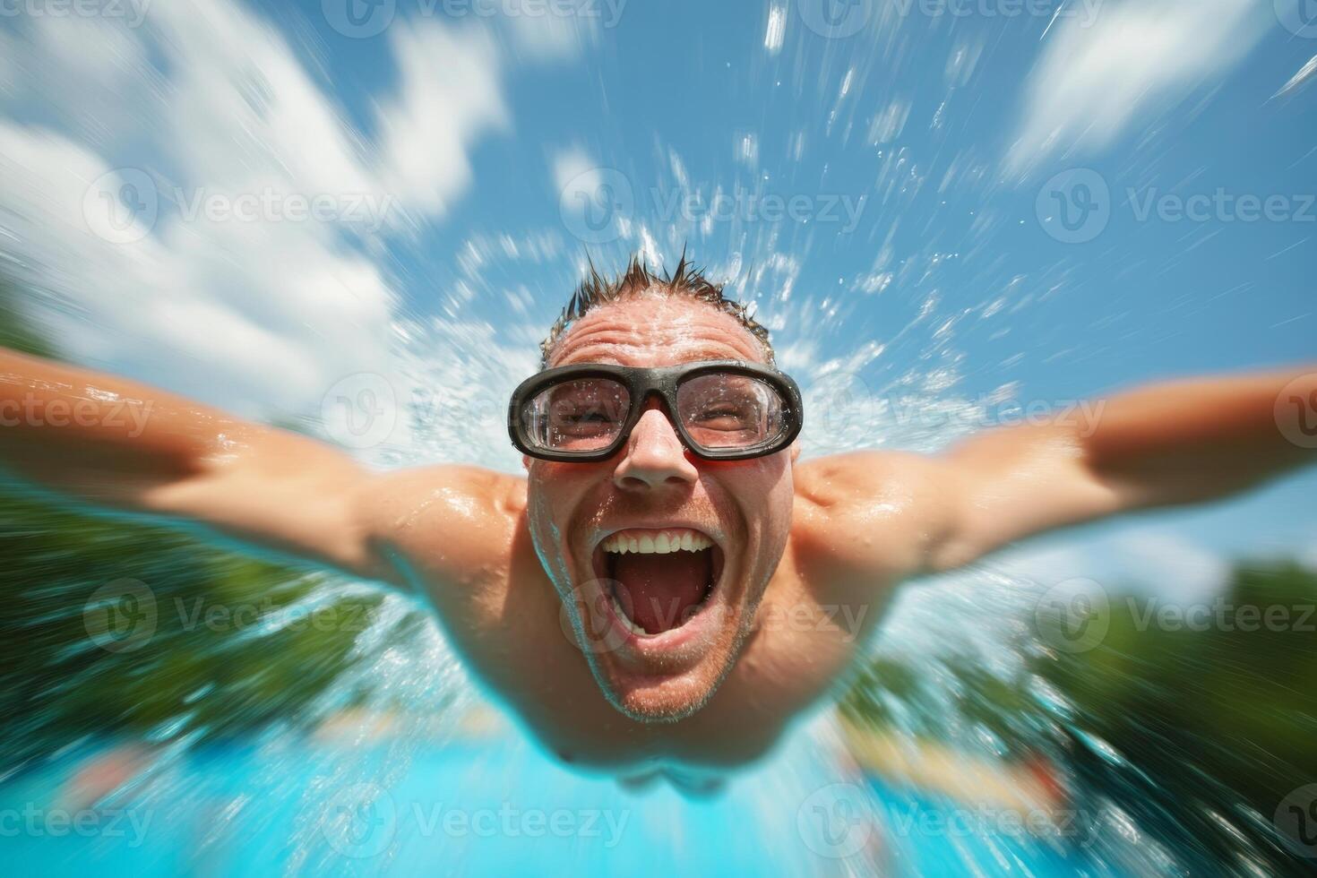 Excited swimmer splashes through water on a bright day in a pool during summer fun photo