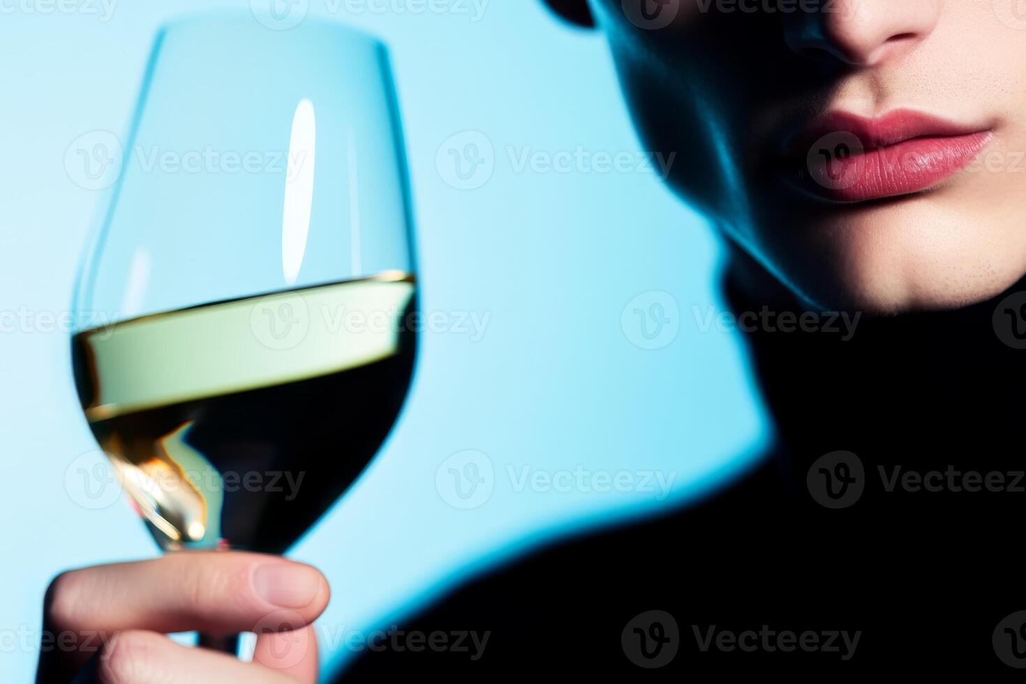 Elegant person holding a glass of white wine against a soft blue background in an intimate setting photo
