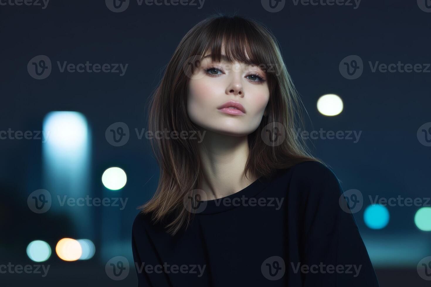 Portrait of a woman with dark hair posing in city lights at night with a calm expression photo