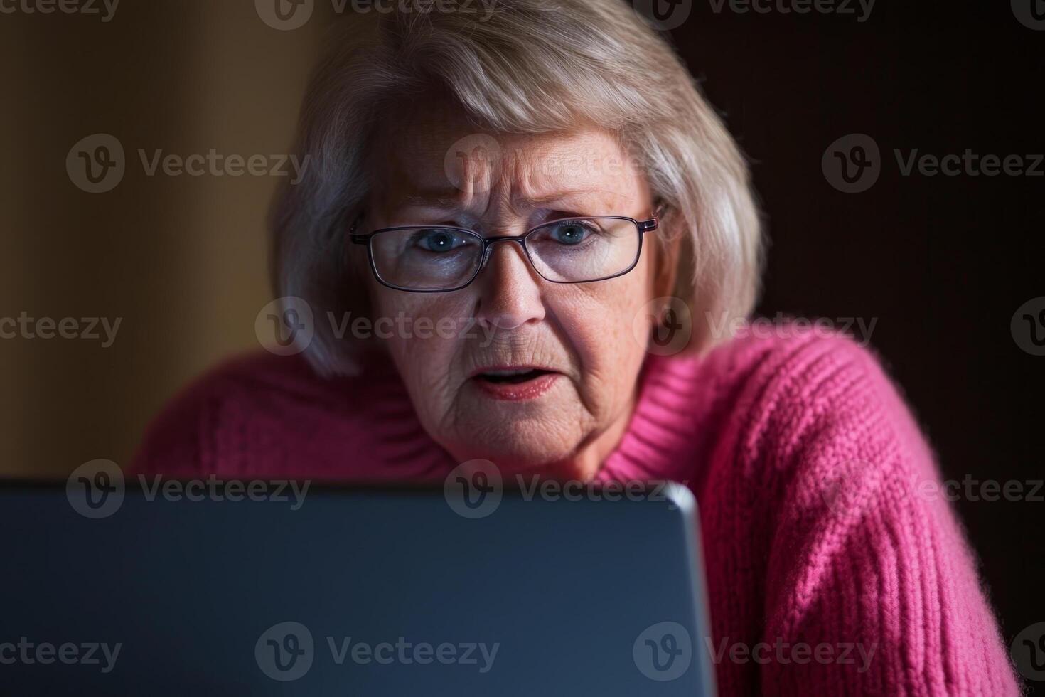 Senior woman with glasses looking concerned while using laptop in dimly lit room during evening hours photo