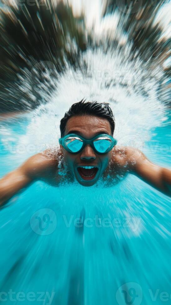 Young boy diving into a pool with enthusiasm during a sunny day at a recreational area photo