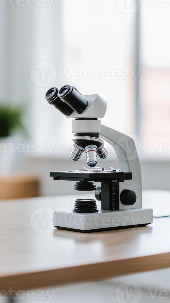 Laboratory microscope on a wooden table in a bright room with natural light during daytime photo