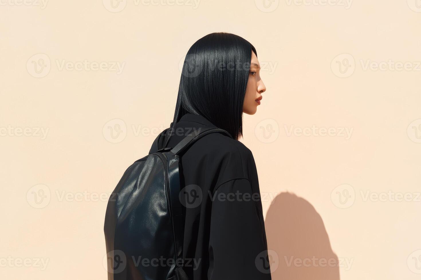 Young woman with sleek black hair and backpack poses against a peach wall in bright daylight photo