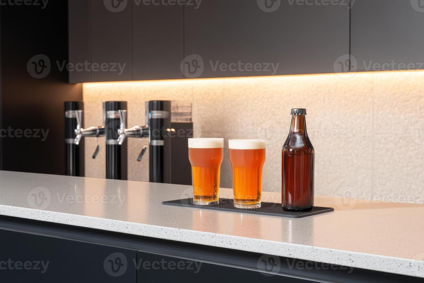 Refreshing craft beers served in a modern kitchen with sleek design and soft lighting photo