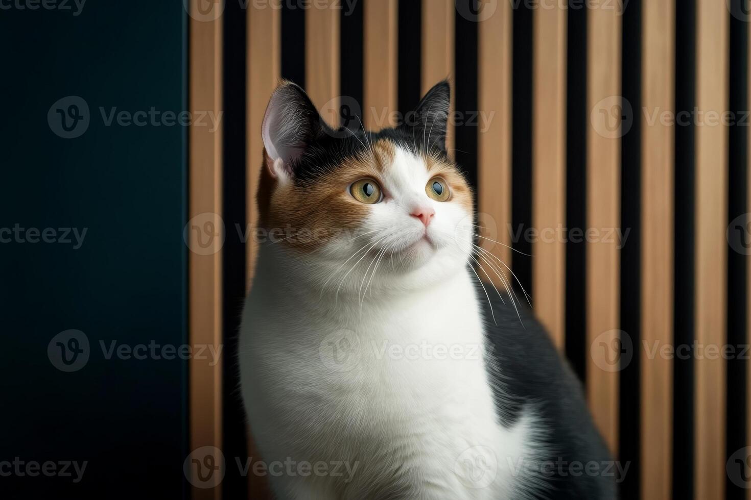 Cat with striking coat poses elegantly against a wooden backdrop in a softly lit indoor setting photo
