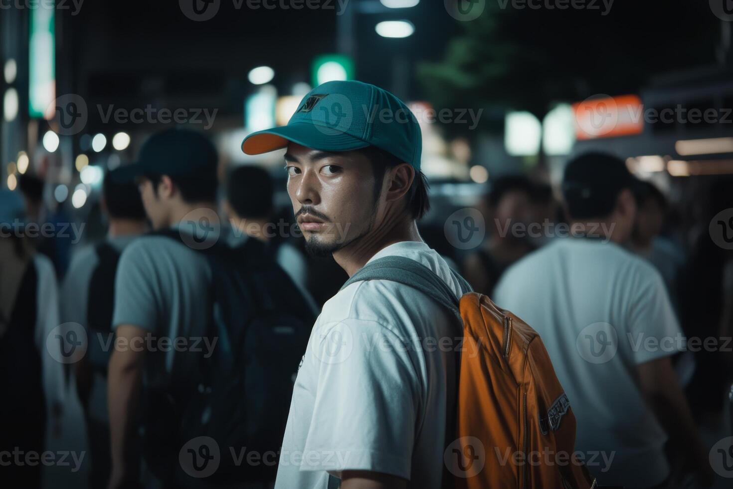 Striking portrait of a man with an orange backpack in a busy urban street at night photo