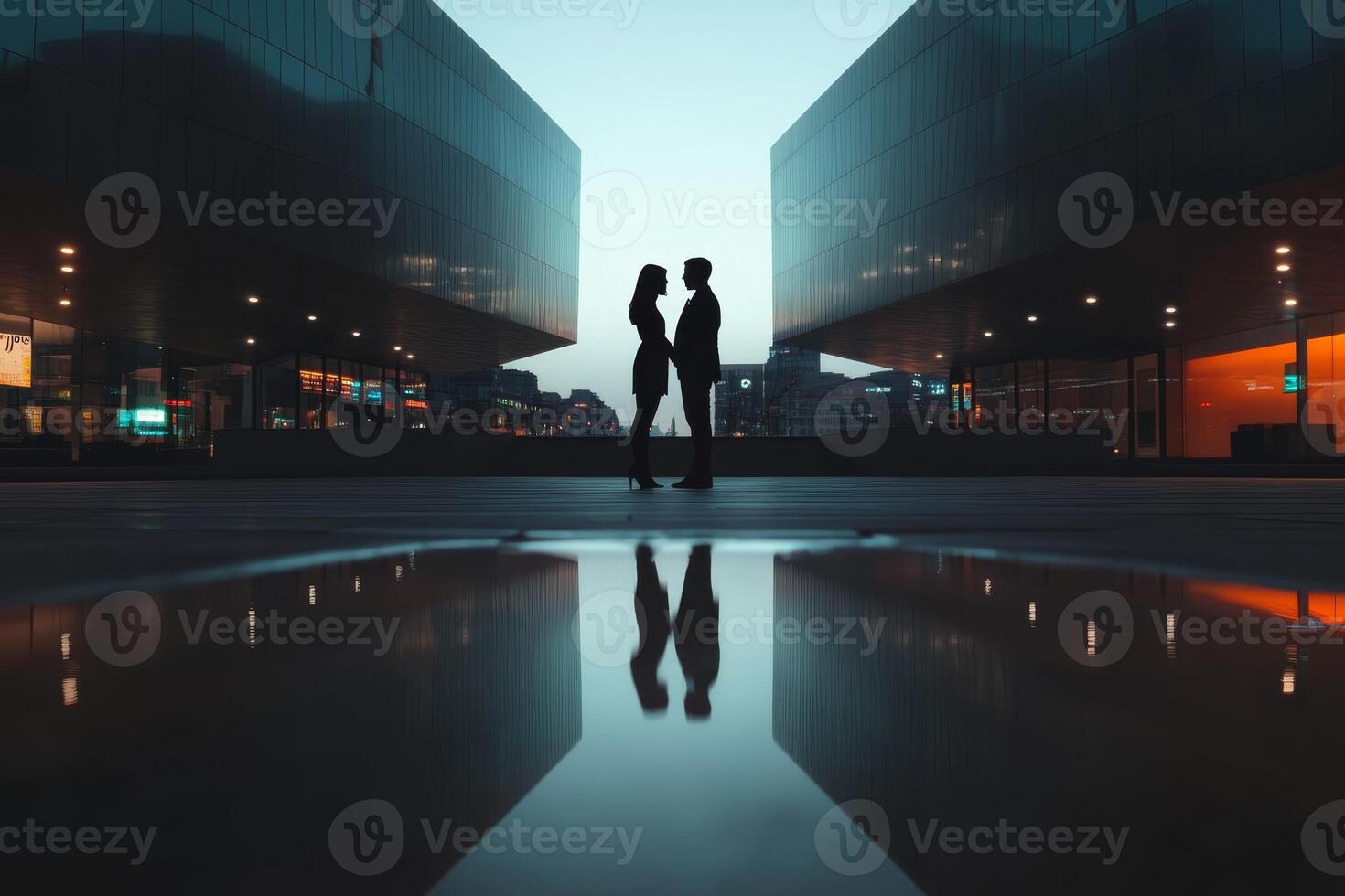 Silhouetted couple in urban setting during twilight, reflecting on still water beneath their feet photo