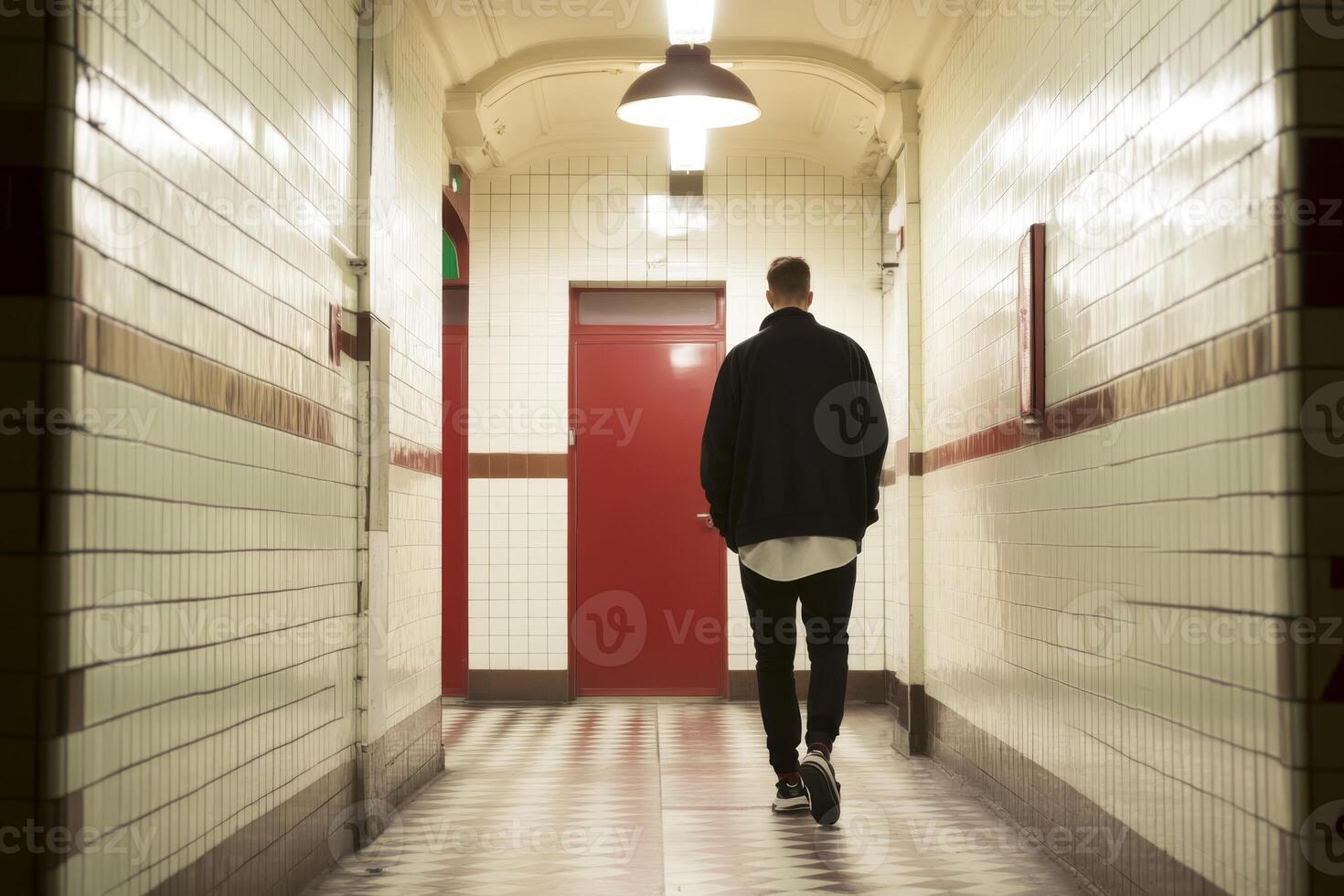 Man walking down a tiled hallway with red door in a modern building during evening photo