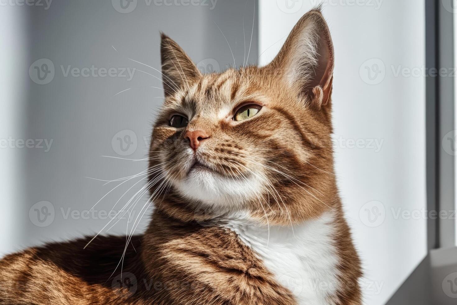 Brown tabby cat resting in sunlight near window with gentle shadows and a peaceful expression on a quiet afternoon photo