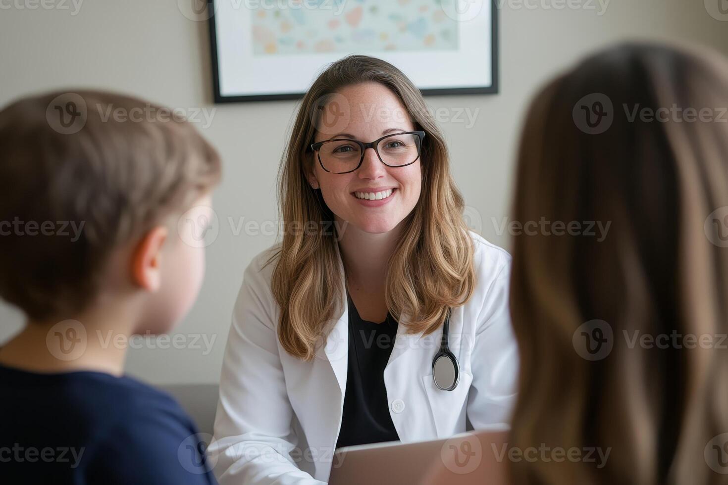 Pediatrician engages with child and parent during a consultation in a bright clinic setting photo