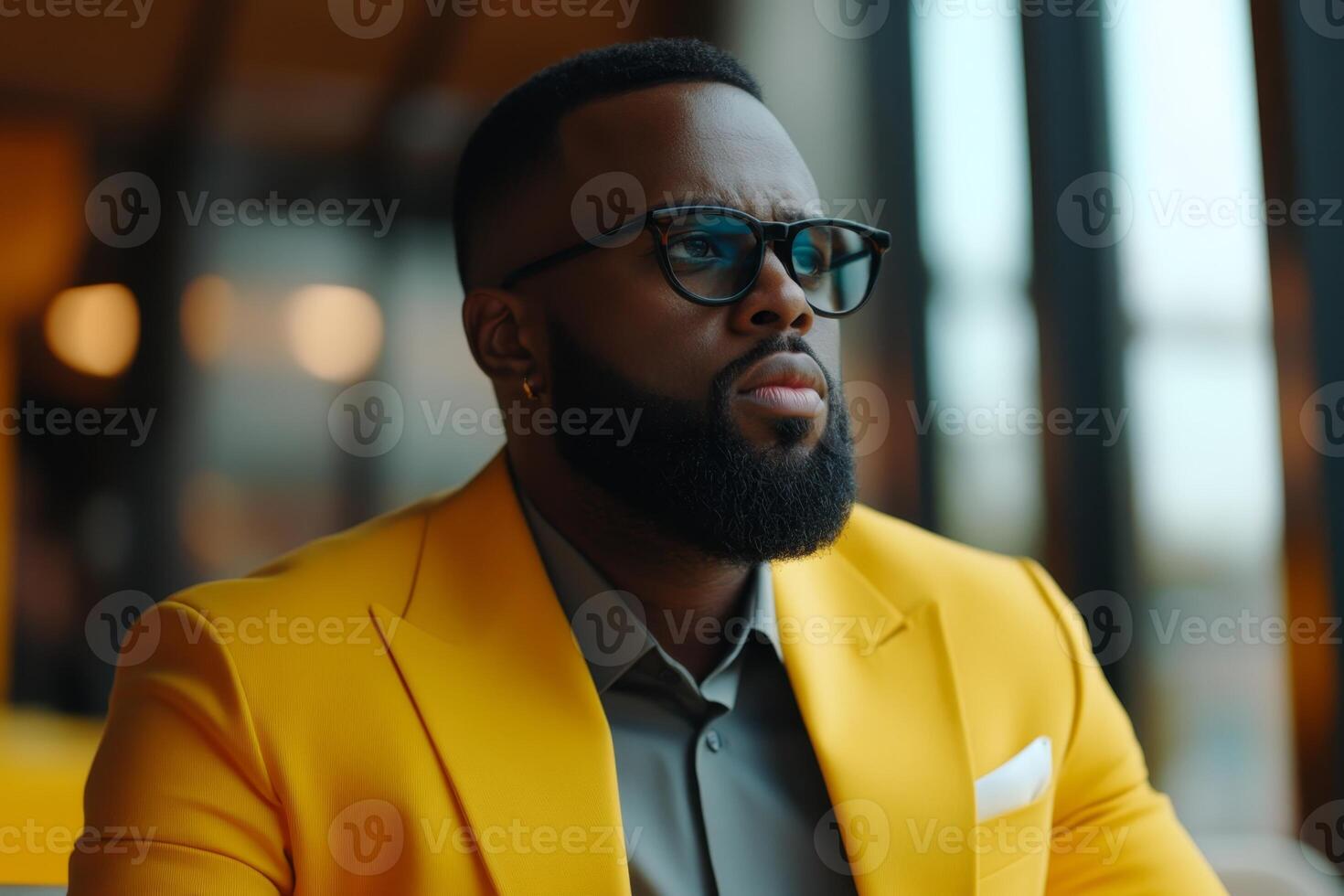 Confident man in yellow suit sitting thoughtfully in modern cafe during daytime photo