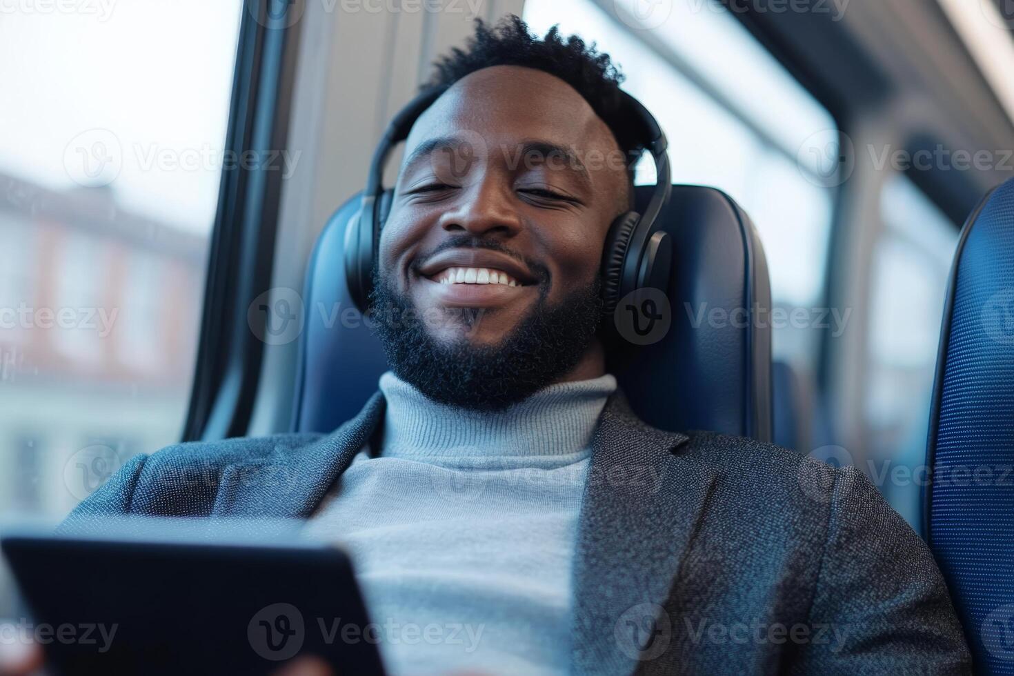Man enjoying music on a train while using a tablet during afternoon commute photo