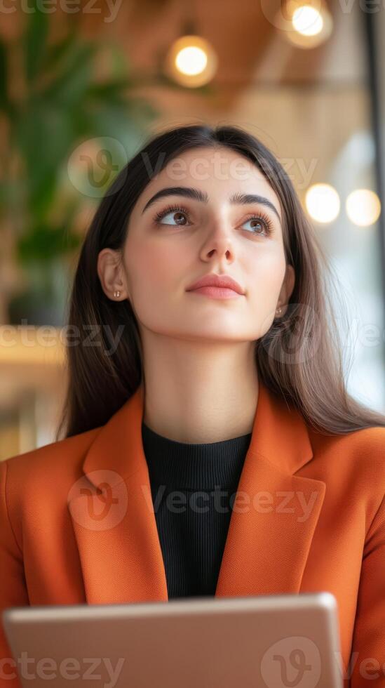 Young woman in orange blazer contemplating future in modern cafe during afternoon photo
