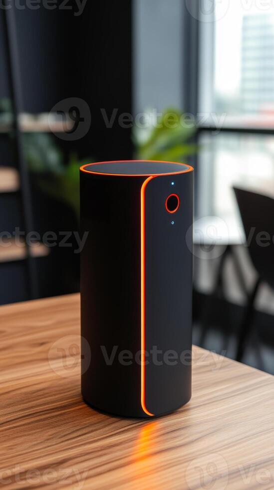 Modern black smart device with orange accents stands on a wooden table in a stylish interior setting photo