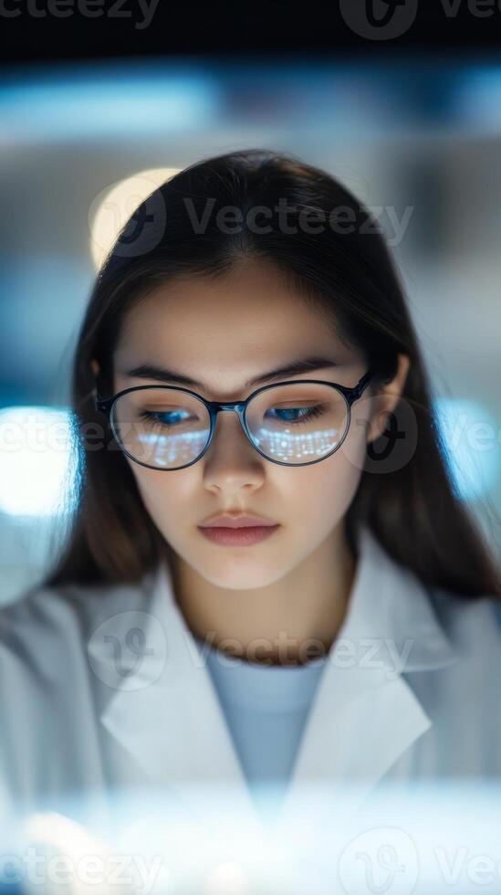 Young scientist examines data closely in modern laboratory setting during evening research session photo