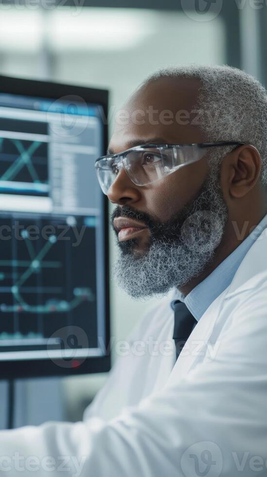 Scientist analyzing data on computer in laboratory during daytime, demonstrating focus and expertise in research photo