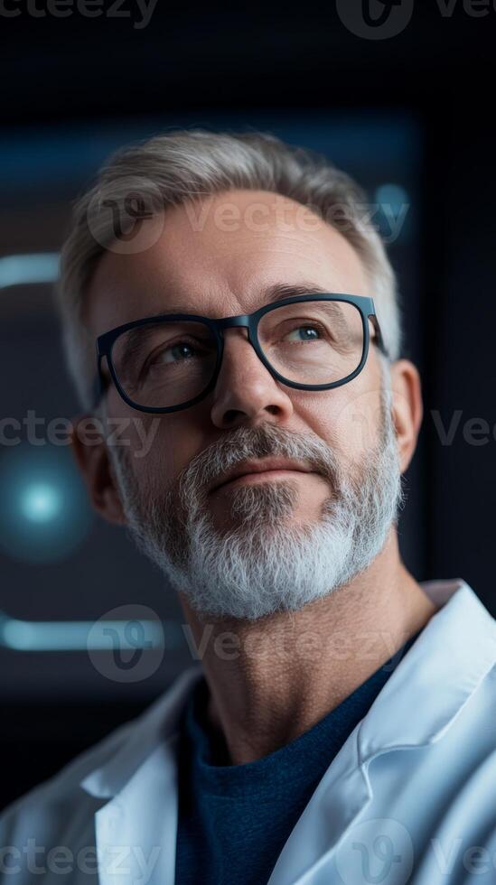 Senior scientist contemplating research advancements in a laboratory setting during evening hours photo