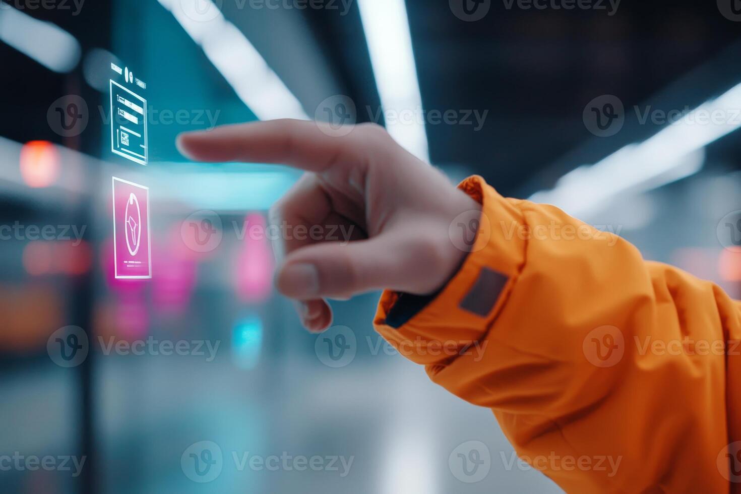 Interaction with futuristic touchscreen display in urban environment photo