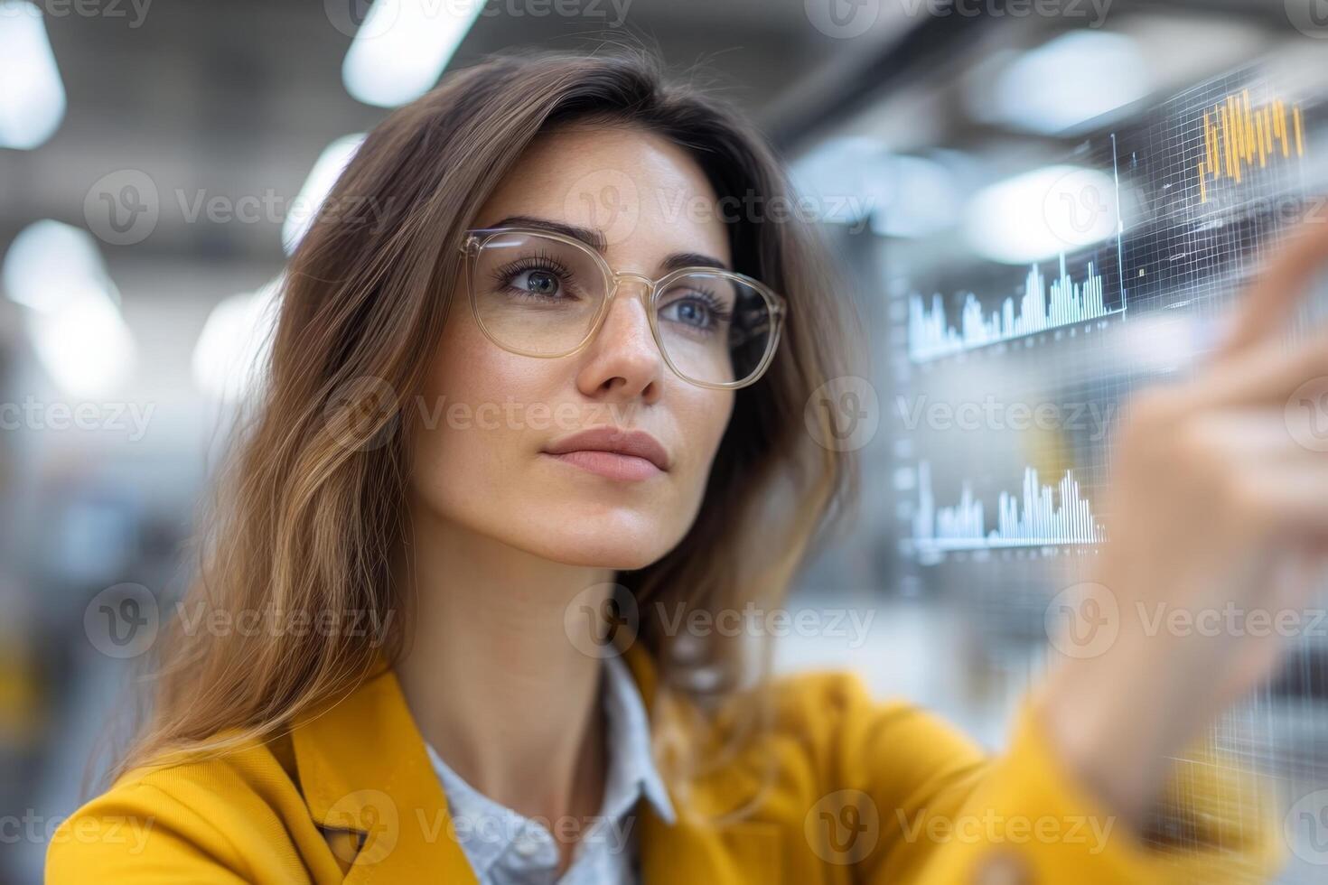 Professional woman analyzing data on a touch screen in a modern office setting during daylight hours photo