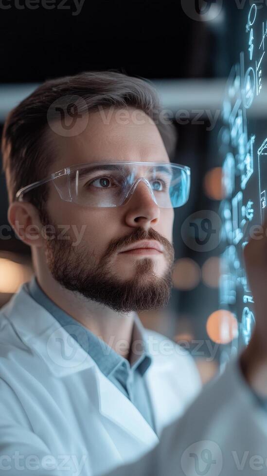 Young scientist analyzing data on a transparent screen in a modern laboratory during a research project photo