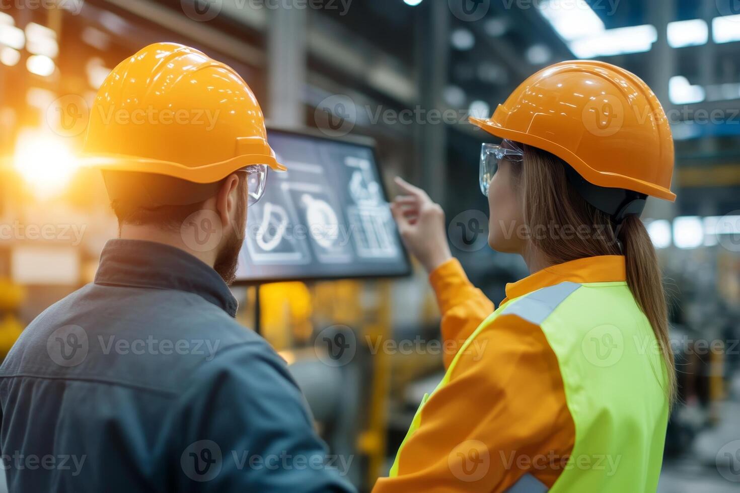 Two workers in orange safety gear review safety protocols on a digital screen in a busy manufacturing facility. The atmosphere is focused on teamwork and compliance photo