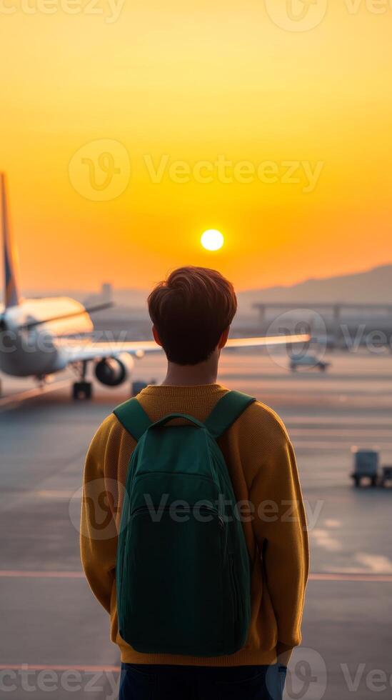 Traveler admires sunset at the airport with planes in the background and backpack on shoulder as day turns to night photo