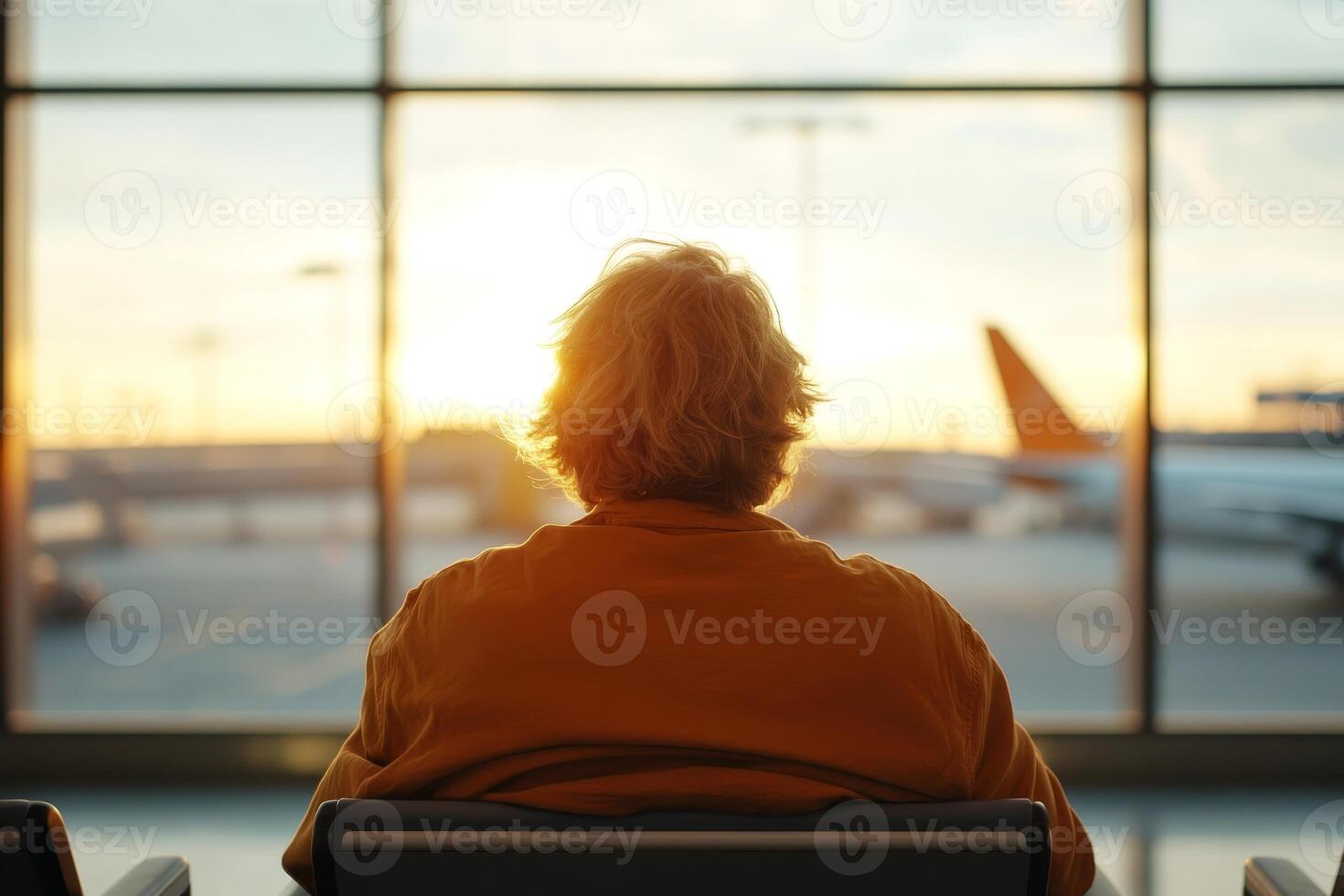 Passenger waits at the airport during sunset while watching planes take off in the distance photo