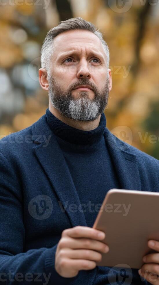 Man with a beard holding a tablet while deep in thought at a park during autumn photo