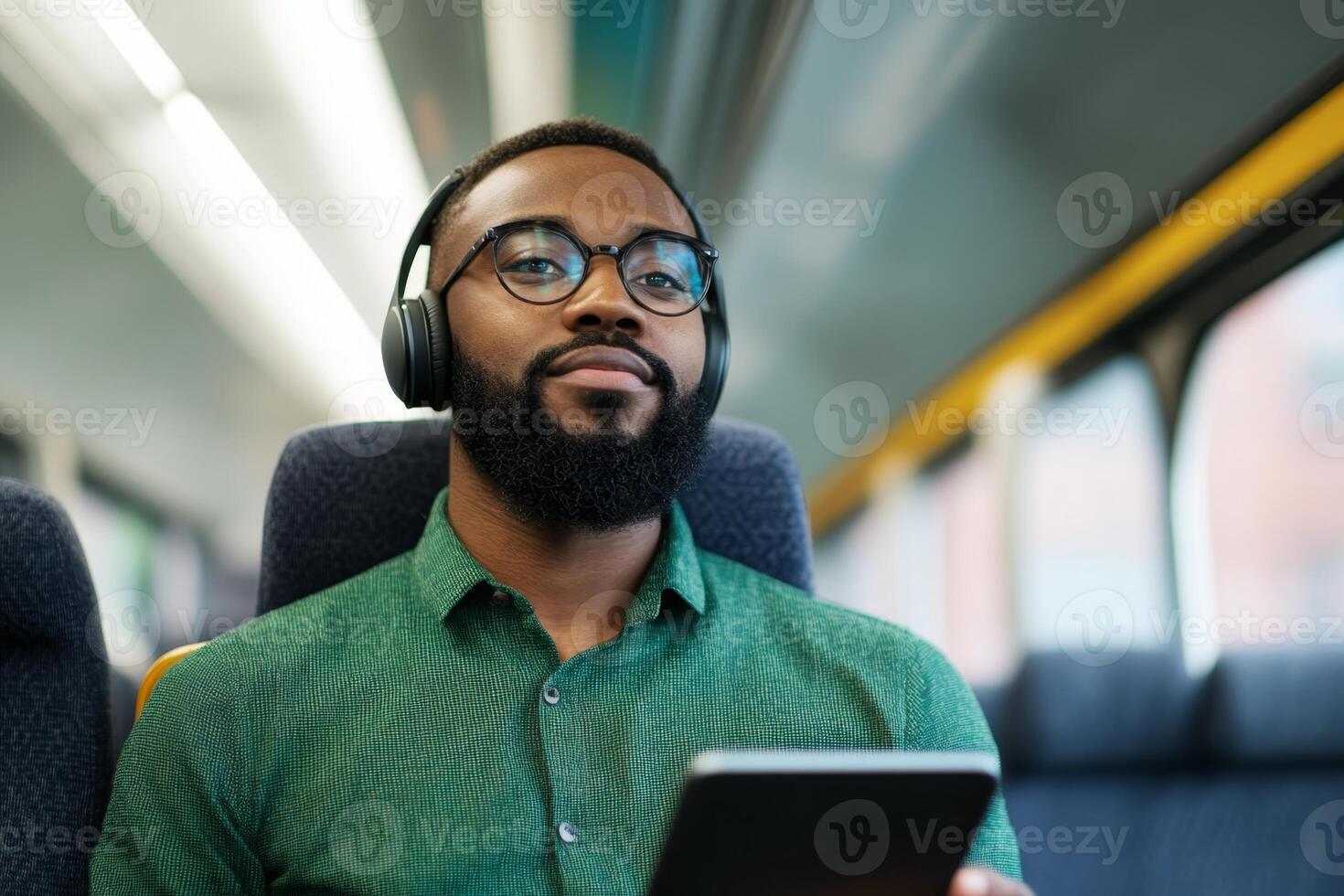 Young man enjoying music on a train while using a tablet, showcasing modern commuting experience photo