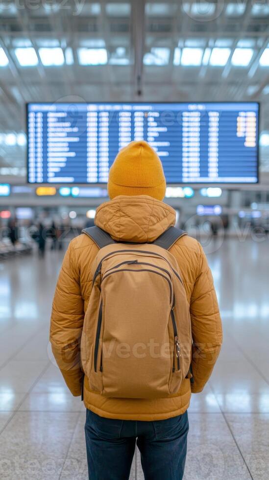 Traveler stands at airport, looking at flight schedule board on a busy day with a yellow beanie and backpack photo