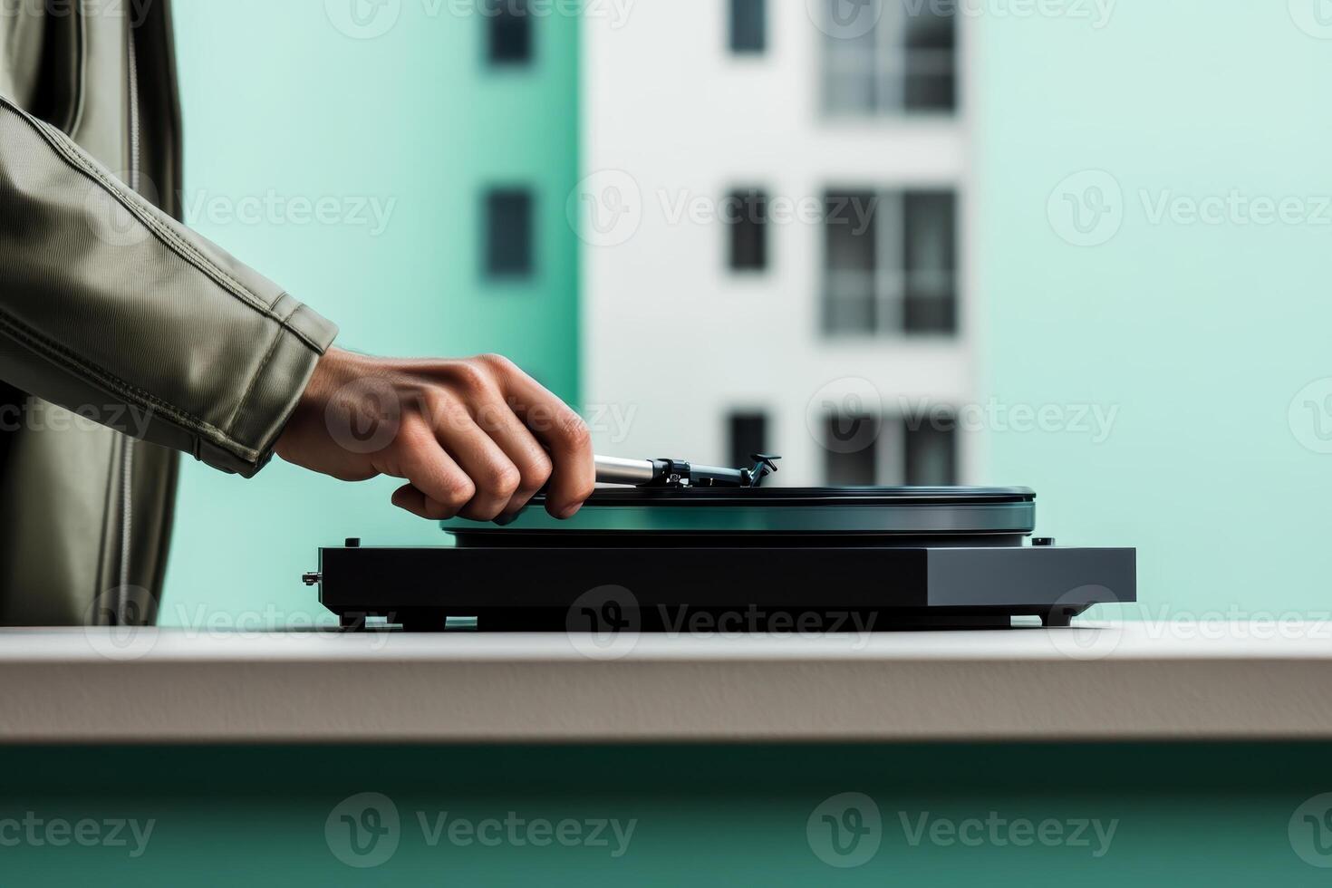Person enjoying vinyl records while using a turntable in a modern indoor space during daylight hours photo