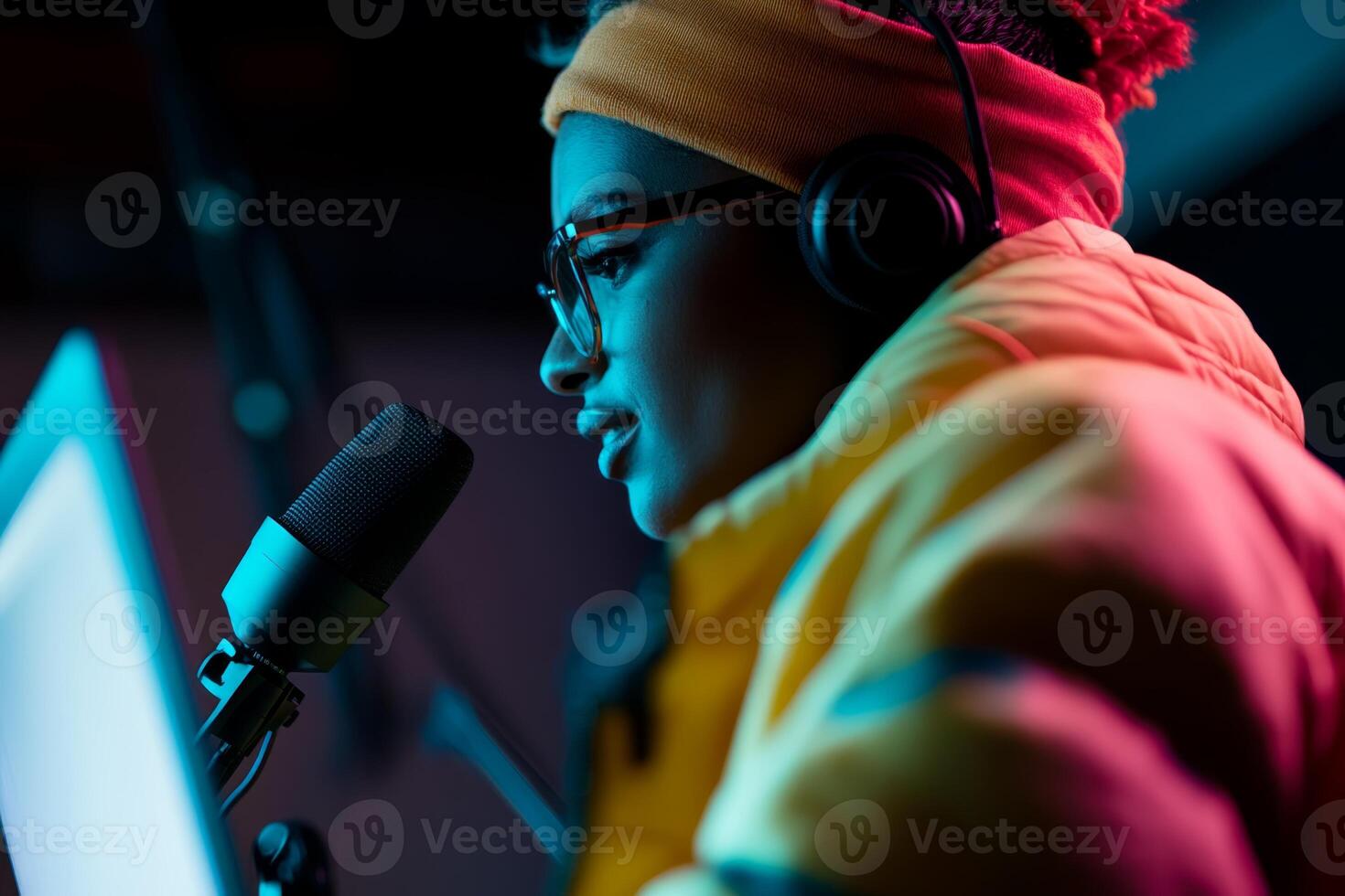 Young person streaming live from a cozy studio during evening hours with vibrant lighting and focused expression photo