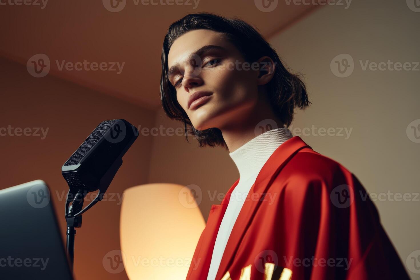Young artist performing a vocal piece in a stylish room during evening hours photo