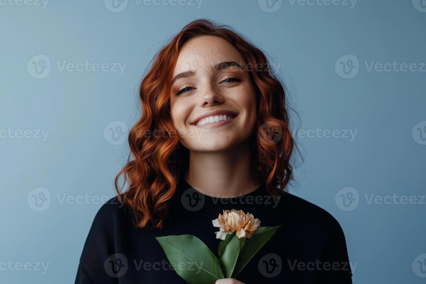 Woman smiling while holding a flower in front of a blue background during a cheerful moment photo